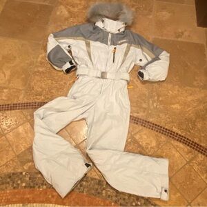 Vintage COLMAR Women Light Blue Fur Hoodie Belted Snowsuit Size 10-Made in Italy